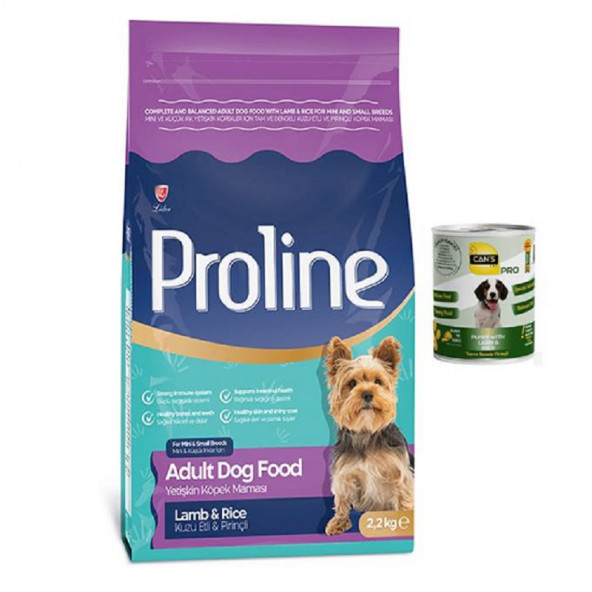Proline Mini ve Küçük Irk Yetişkin Köpekler için Kuzu Etli ve Pirinçli Köpek Maması 2.2kg + Konserve NO350816