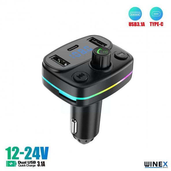 Winex M44 Fm Handsfree Bluetooth Modülatör MP3 Player Type-C Çıkışlı Araç Şarj Aleti - 2