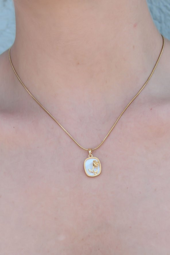 316L Çelik Gold Renk Gül Portre Model Kadın Kolye - Resim 2