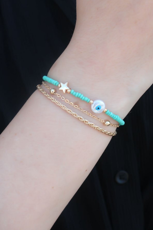 Gold Renk Mavi Boncuk Model Nazar Boncuk Figür 2li Kadın Bileklik ürün görseli