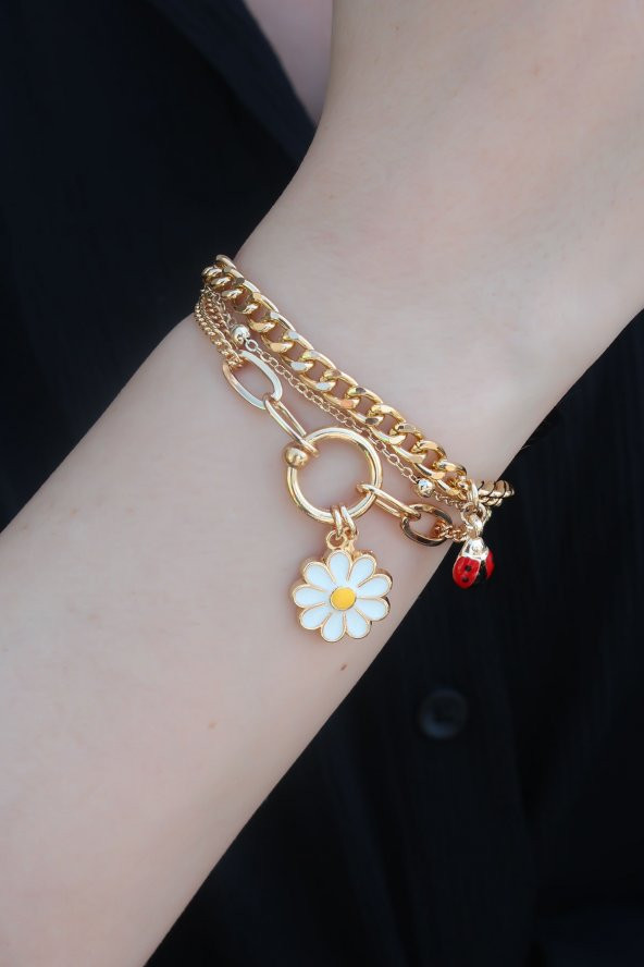 Gold Renk 2li Zincir Model Papatya Figür Kadın Bileklik ürün görseli