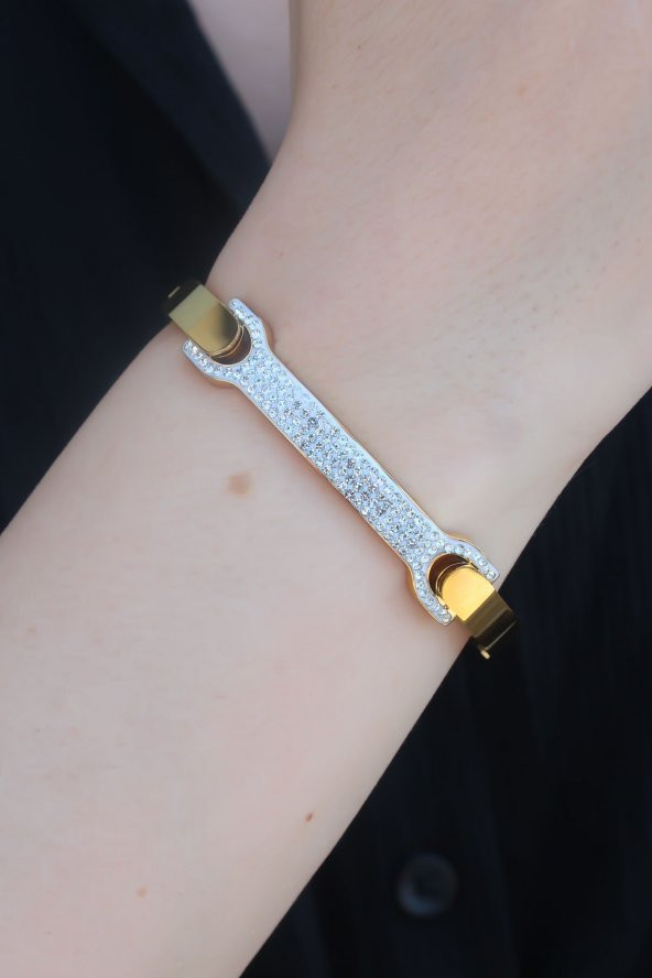 316L Çelik Gold Renk Zirkon Taşlı Kadın Kelepçe ürün görseli