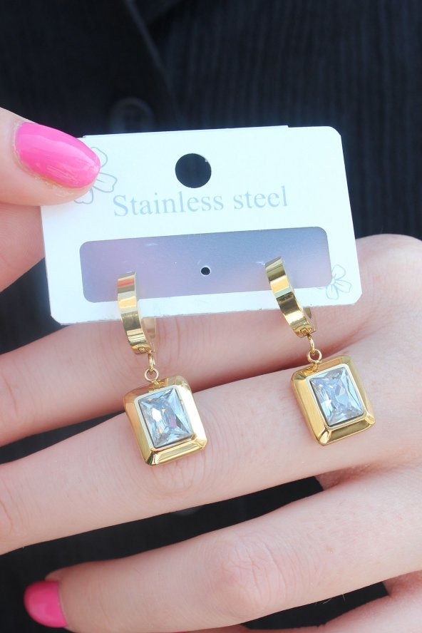 316L Çelik Gold Renk Kare Zirkon Taş Model Kadın Küpe ürün görseli