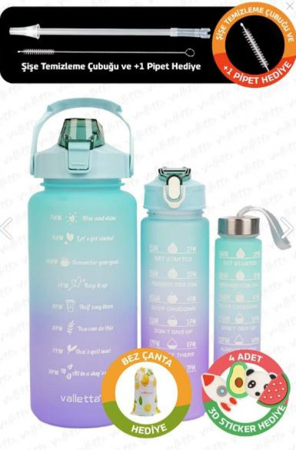 Valletta VLT1280  Eldorado 3lü Set  Motivasyonel Su Matarası Yeşil(2000ml-750ml-300ml)