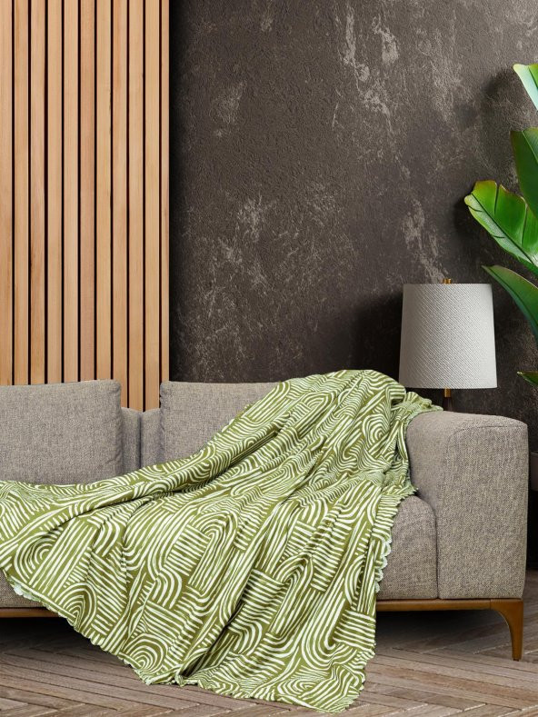SoftMicro Gökkuşağı Desenli Boho 130x180 cm  Koltuk Örtüsü Şalı, Kanepe Örtüsü, Tv Battaniyesi Yeşil