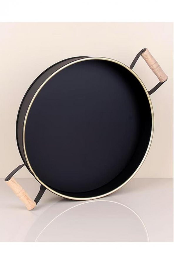 37cm Metal Ahşap Kulplu Yuvarlak Çay Kahve Sunum Kahvaltı Tepsisi - 2