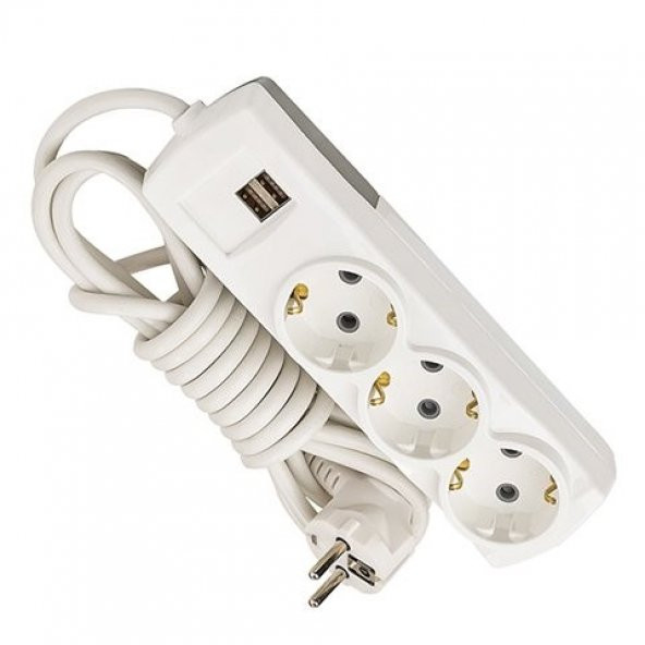 ARS 2 mt 3 lü USB Li Topraklı Grup Piriz Beyaz 348323