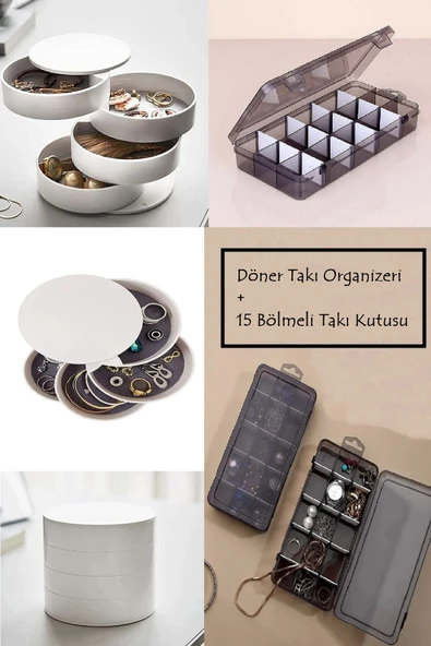2'li Set 4 Katlı Döner Takı Organizeri 15 Bölmeli Takı Kutusu Organizer