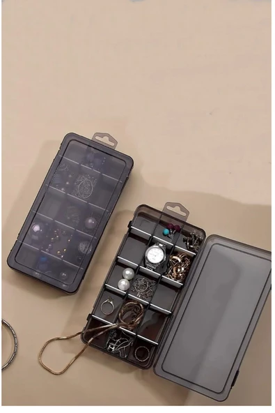 Füme 2 Adet 15 Bölmeli Kolye Yüzük Kapaklı Takı Kutusu Dikiş Kutusu Organizer Düzenleyici Kutu - 3