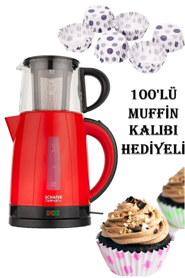 Hediyeli Kırmızı Optimal Plus Elektrikli Çay Makinesi 100lü Muffin Kalıbı Anneler Günü Özel