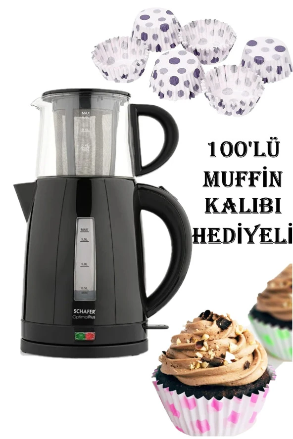 Hediyeli Siyah Optimal Plus Elektrikli Çay Makinesi 100lü Muffin Kalıbı Anneler Günü Özel