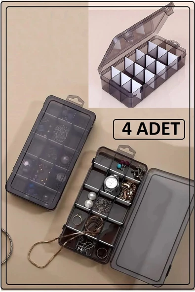 Füme 4 Adet 15 Bölmeli Kolye Yüzük Kapaklı Takı Kutusu Dikiş Kutusu Organizer Düzenleyici Kutu