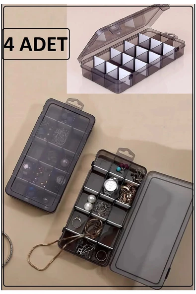 Füme 4 Adet 15 Bölmeli Kolye Yüzük Kapaklı Takı Kutusu Dikiş Kutusu Organizer Düzenleyici Kutu - 2