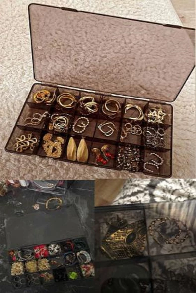 4 Adet Füme 18 Bölmeli Kolye Yüzük Kapaklı Takı Kutusu Dikiş Kutusu Organizer Kutu - 3