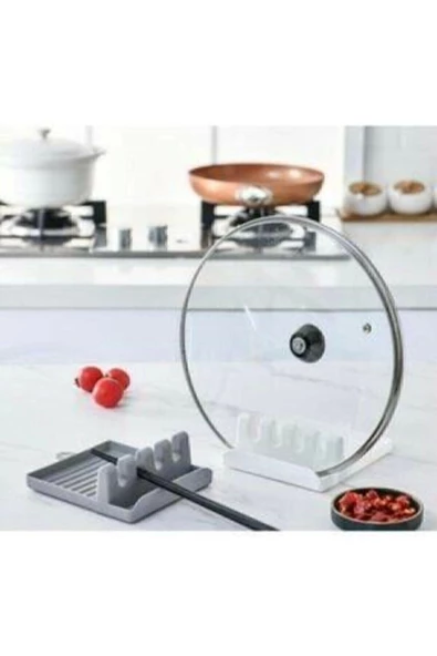 Tabak Tutucu Ve Kaşıklık Tencere Kapağı Standı Kaşık Kepçe Altlığı Düzenleyici Organizer Gri Org-85 - Resim 2