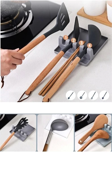 Tabak Tutucu Ve Kaşıklık Tencere Kapağı Standı Kaşık Kepçe Altlığı Düzenleyici Organizer Gri Org-85 - Resim 3