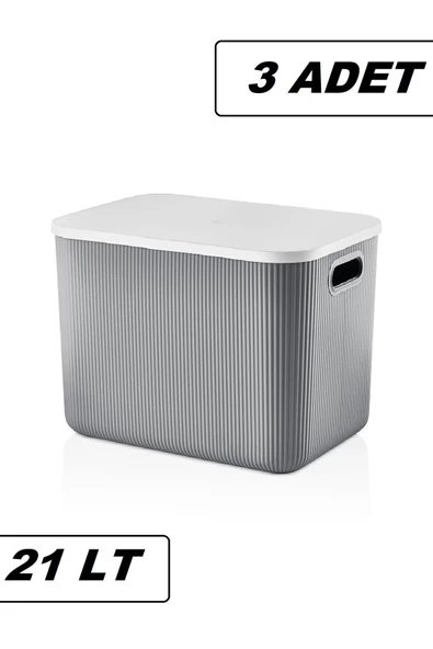 3 Adet 21 Lt Storage Gri Çok Amaçlı Dolap Içi Düzenleyici Kutu - Oyuncak Ve Çamaşır Sepeti