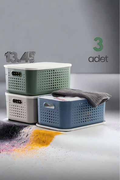 Bubble Kapaklı 3 Renk 13,4 Litre Çok Amaçlı 3 Adet Dolap Içi Düzenleyici Kapaklı Kutu