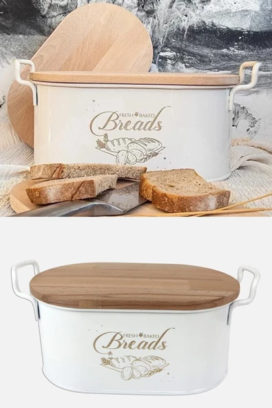 Kesme Tahtalı Metal Ekmek Kutusu Beyaz - Dekoratif Mutfak Ekmeklik Saklama Kutusu - 4