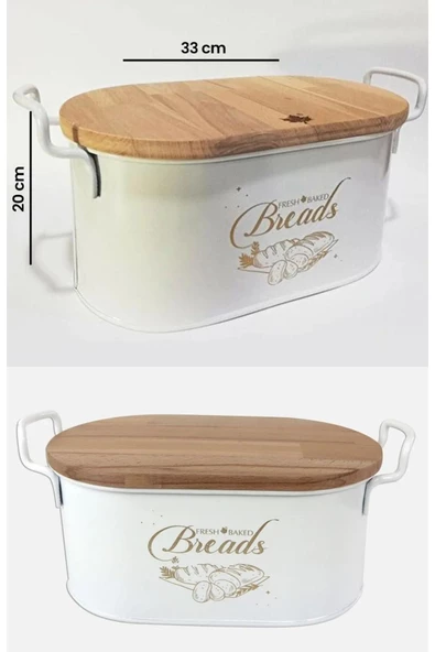 Kesme Tahtalı Metal Ekmek Kutusu Beyaz - Dekoratif Mutfak Ekmeklik Saklama Kutusu - 2