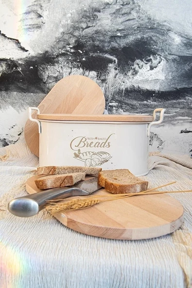 Kesme Tahtalı Metal Ekmek Kutusu Beyaz - Dekoratif Mutfak Ekmeklik Saklama Kutusu - 5