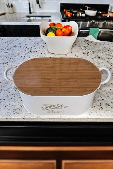 Kesme Tahtalı Metal Ekmek Kutusu Beyaz - Dekoratif Mutfak Ekmeklik Saklama Kutusu - 6