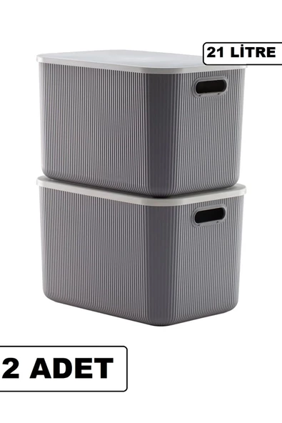 2 Adet 21 Lt Storage Gri Çok Amaçlı Dolap Içi Düzenleyici Kutu - Oyuncak Ve Çamaşır Sepeti