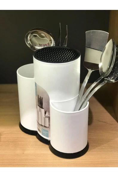 Beyaz Tezgah Üstü Bölmeli Kaşık Bıçak Standı + 5 Li Çelik Düz Servis Seti Kepçe Kevgir Takımı - Resim 3