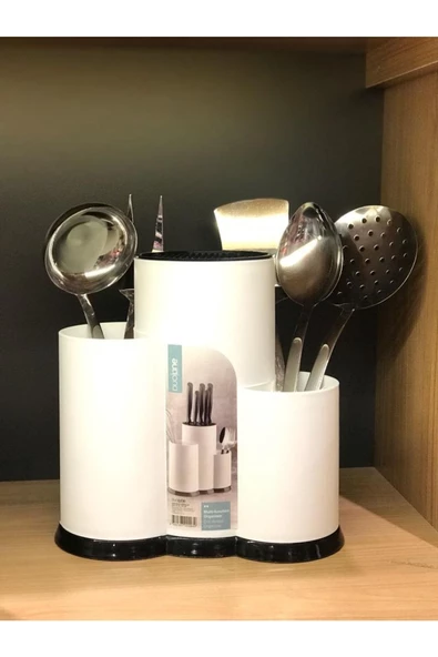 Beyaz Tezgah Üstü Bölmeli Kaşık Bıçak Standı + 5 Li Çelik Düz Servis Seti Kepçe Kevgir Takımı - Resim 2