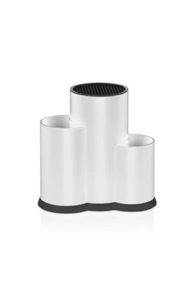 Beyaz Tezgah Üstü Bölmeli Kaşık Bıçak Standı + 5 Li Çelik Düz Servis Seti Kepçe Kevgir Takımı - Resim 4