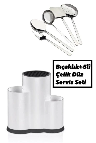 Beyaz Tezgah Üstü Bölmeli Kaşık Bıçak Standı + 5 Li Çelik Düz Servis Seti Kepçe Kevgir Takımı