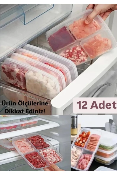 12 Adet 4 Bölmeli Öğünlük Et Sebze Mini Saklama Kabı Dondurulmuş Kıyma Tavuk Buzluk Organizer