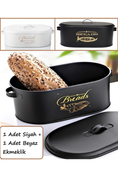 Siyah Ve Beyaz 2'li Ekmeklik Seti Büyük Boy Kapaklı Metal Dekoratif Ekmek Saklama Kutusu - 2