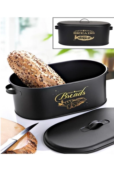Siyah Ve Beyaz 2'li Ekmeklik Seti Büyük Boy Kapaklı Metal Dekoratif Ekmek Saklama Kutusu - 5