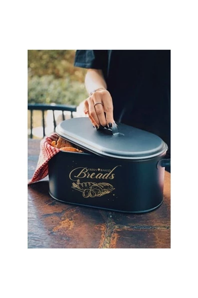Siyah Metal Ekmeklik Dekoratif Büyük Boy Kapaklı Desenli Ekmek Saklama Kutusu - 2