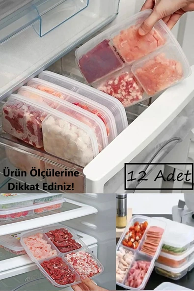 12 Adet 4 Bölmeli Öğünlük Et Sebze Mini Saklama Kabı Dondurulmuş Kıyma Tavuk Buzluk Organizer - 2