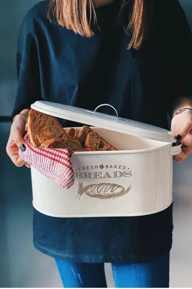 Beyaz Metal Ekmeklik Dekoratif Kapaklı Kutu Desenli Metal Ekmek Saklama Kabı Bread - 3