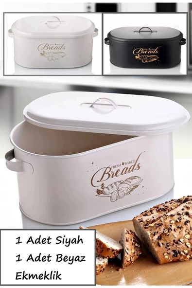 Siyah Ve Beyaz 2'li Ekmeklik Seti Büyük Boy Kapaklı Metal Dekoratif Ekmek Saklama Kutusu