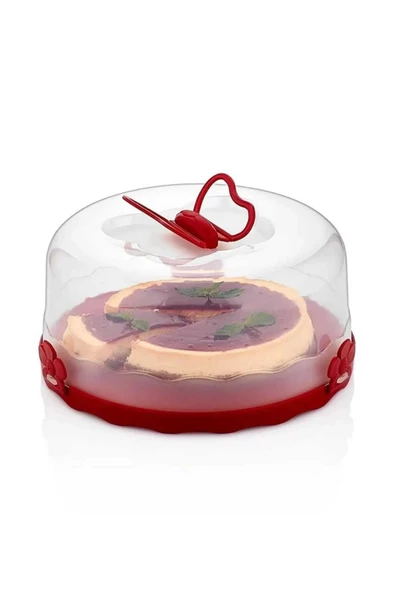 Kırmızı Pasta Kek Saklama Kabı- Kek Fanusu - Kilitli Borcam Taşıma Kabı ürün görseli