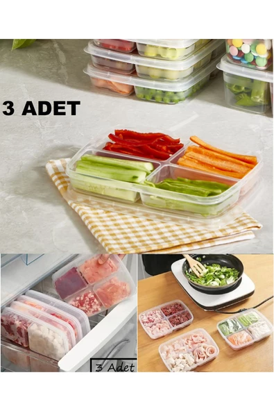 3 Adet 4 Bölmeli Kapaklı Buzdolabı Saklama Kutusu - Piknik Kahvaltı Okul Saklama Kabı