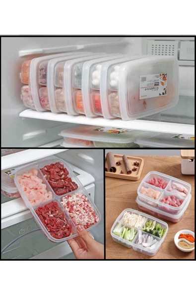 4 Bölmeli Öğünlük Et Sebze Buzluk Saklama Kabı (1 ADET) Dondurulmuş Kuşbaşı Kıyma Kutusu ürün görseli