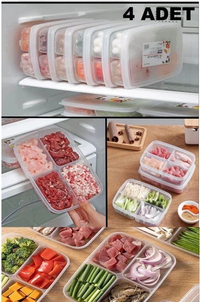 4 Adet Dondurulmuş 4 Bölmeli Öğünlük Et Ve Sebze Saklama Kabı - Buzluk Kıyma Organizeri - Resim 2