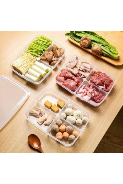Large 3 Adet Dondurulmuş 4 Bölmeli Öğünlük Et Ve Sebze Saklama Kabı-Kuşbaşı Kıyma Organizeri - 4