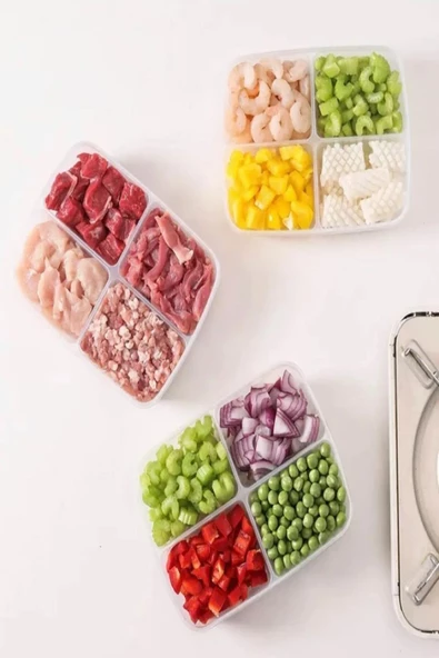 Large 4 Adet Dondurulmuş 4 Bölmeli Öğünlük Et Ve Sebze Saklama Kabı-Kuşbaşı Kıyma Organizeri - Resim 5