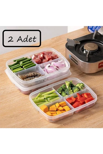 2 Adet 400 ml 4 Bölmeli Kapaklı Kahvaltılık Sebze Saklama Kabı Öğünlük Buzdolabı Düzenleyici - Resim 2