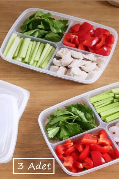 3 Adet 4 Bölmeli Kapaklı Buzdolabı Saklama Kutusu - Piknik Kahvaltı Okul Saklama Kabı - 2