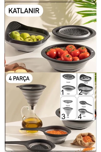 4'lü Katlanır Süzgeç Seti 4 Parça Mutfak Seti Akordiyon Pirinç Süzgeci Huni Badya Çeyiz Set