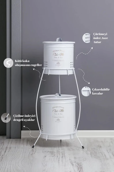 2 Katlı Eko Beyaz Metal Patates Soğan Saklama Kovası Kapaklı Sebze Saklama Kabı Çeyizlik Ürün - Resim 3