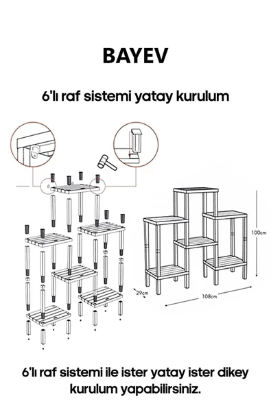Shelf Piramit 6 Lı Raf Ünitesi Siyah Çiçeklik Banyo Mutfak Rafı Ayakkabılık Kitaplık Organizer - 5