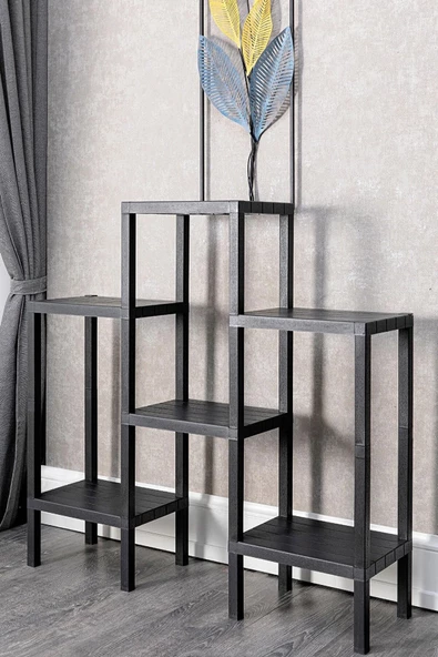 Shelf Piramit 6 Lı Raf Ünitesi Siyah Çiçeklik Banyo Mutfak Rafı Ayakkabılık Kitaplık Organizer - 3